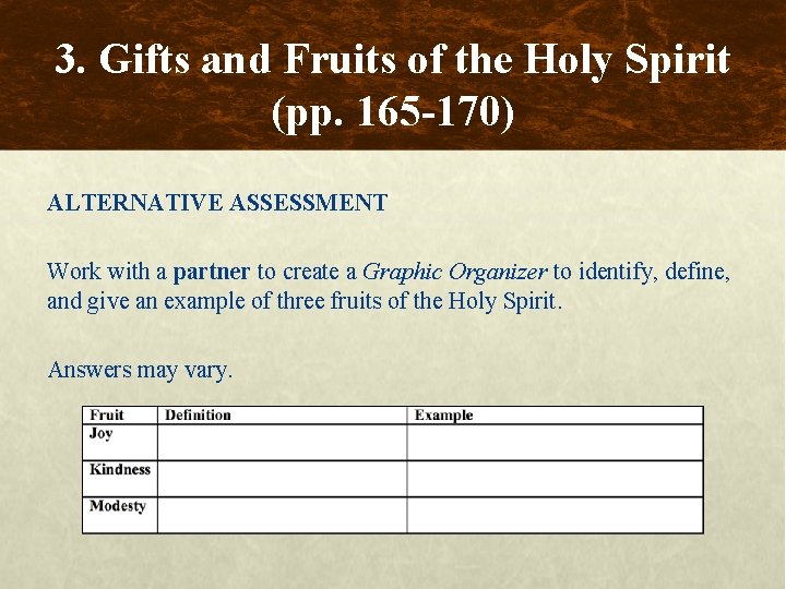 3. Gifts and Fruits of the Holy Spirit (pp. 165 -170) ALTERNATIVE ASSESSMENT Work