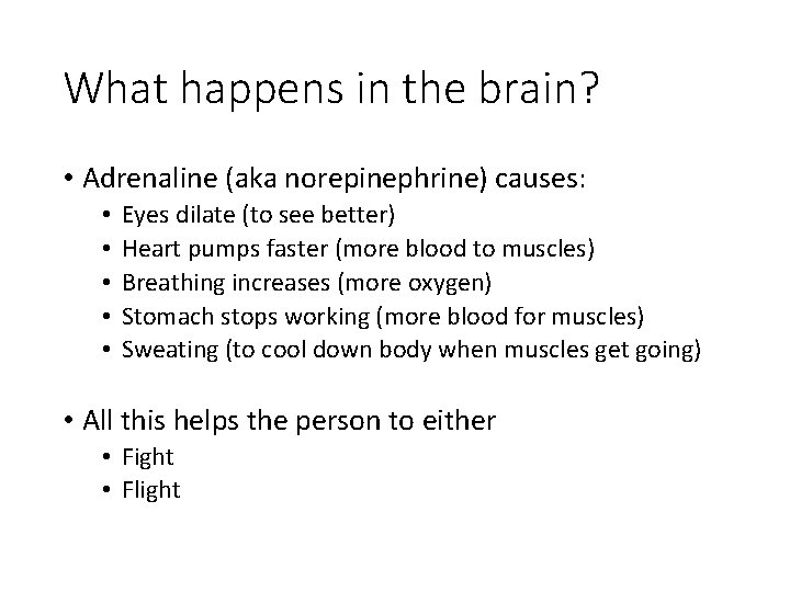 What happens in the brain? • Adrenaline (aka norepinephrine) causes: • • • Eyes