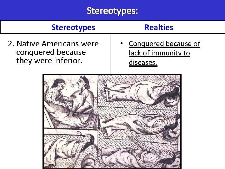 Stereotypes: Stereotypes 2. Native Americans were conquered because they were inferior. Realties • Conquered Stereotypes: Stereotypes 2. Native Americans were conquered because they were inferior. Realties • Conquered