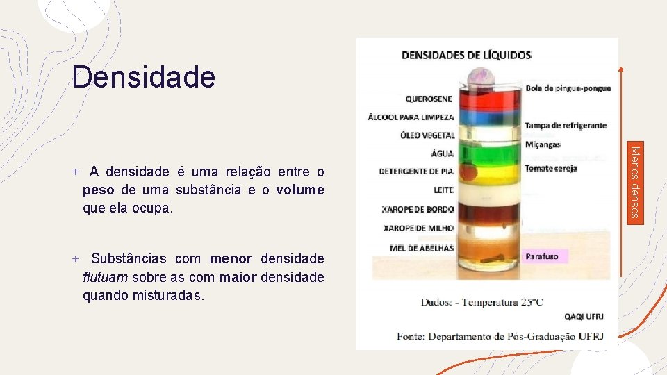 Densidade + Substâncias com menor densidade flutuam sobre as com maior densidade quando misturadas.