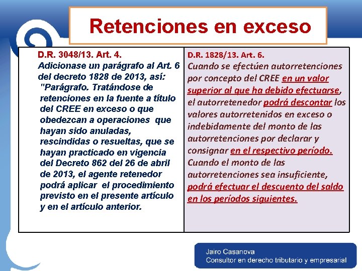 Retenciones en exceso D. R. 3048/13. Art. 4. Adicionase un parágrafo al Art. 6