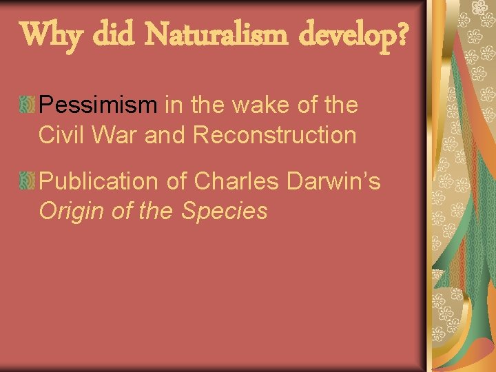 Why did Naturalism develop? Pessimism in the wake of the Civil War and Reconstruction