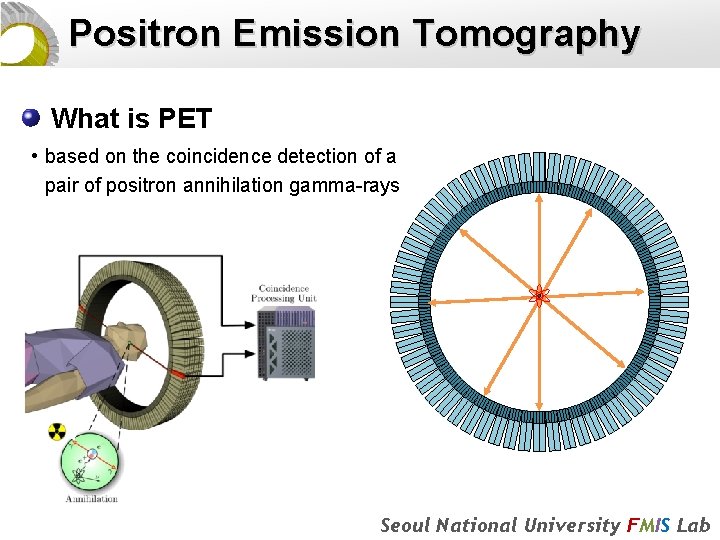 Positron Emission Tomography What is PET • based on the coincidence detection of a