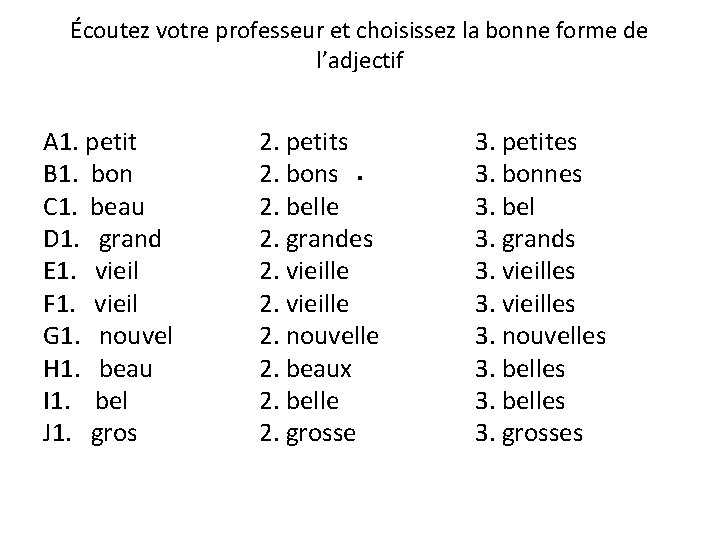 Écoutez votre professeur et choisissez la bonne forme de l’adjectif A 1. petit B