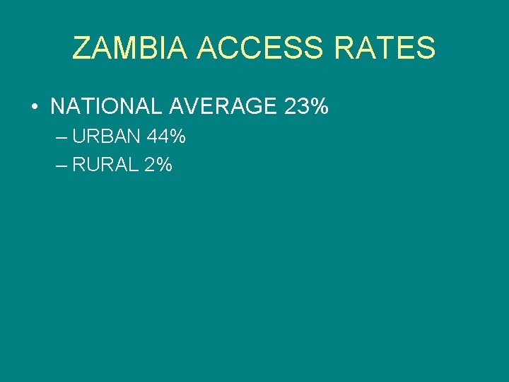 ZAMBIA ACCESS RATES • NATIONAL AVERAGE 23% – URBAN 44% – RURAL 2% 