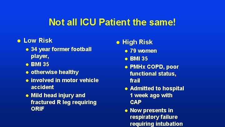 Not all ICU Patient the same! l Low Risk l l l 34 year Not all ICU Patient the same! l Low Risk l l l 34 year