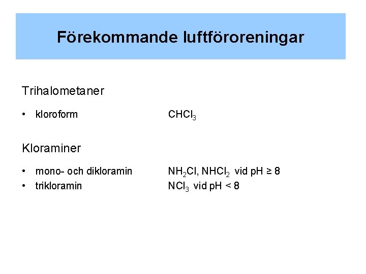 Förekommande luftföroreningar Trihalometaner • kloroform CHCl 3 Kloraminer • mono- och dikloramin • trikloramin