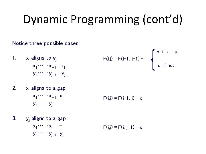 Dynamic Programming (cont’d) Notice three possible cases: 1. 2. 3. xi aligns to yj