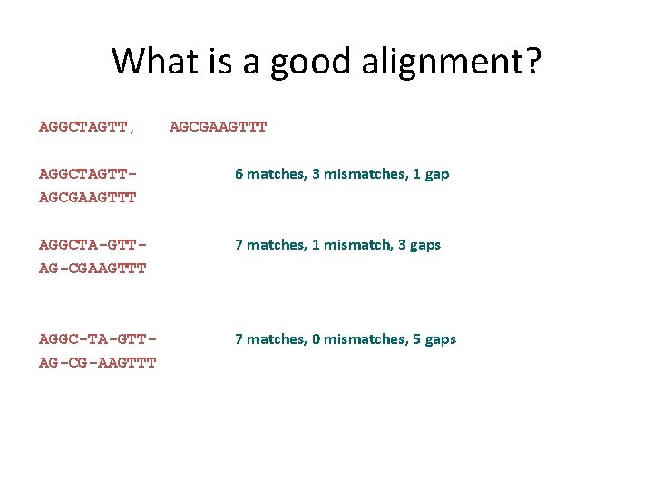 What is a good alignment? AGGCTAGTT, AGCGAAGTTT AGGCTAGTTAGCGAAGTTT 6 matches, 3 mismatches, 1 gap