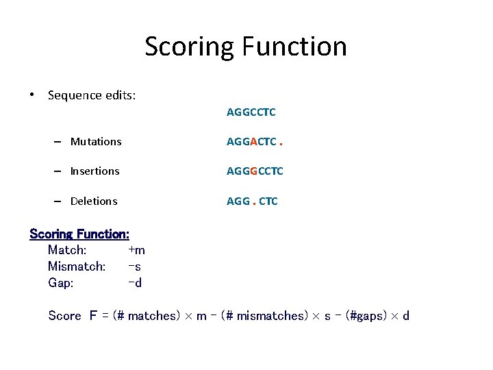 Scoring Function • Sequence edits: AGGCCTC – Mutations AGGACTC. – Insertions AGGGCCTC – Deletions
