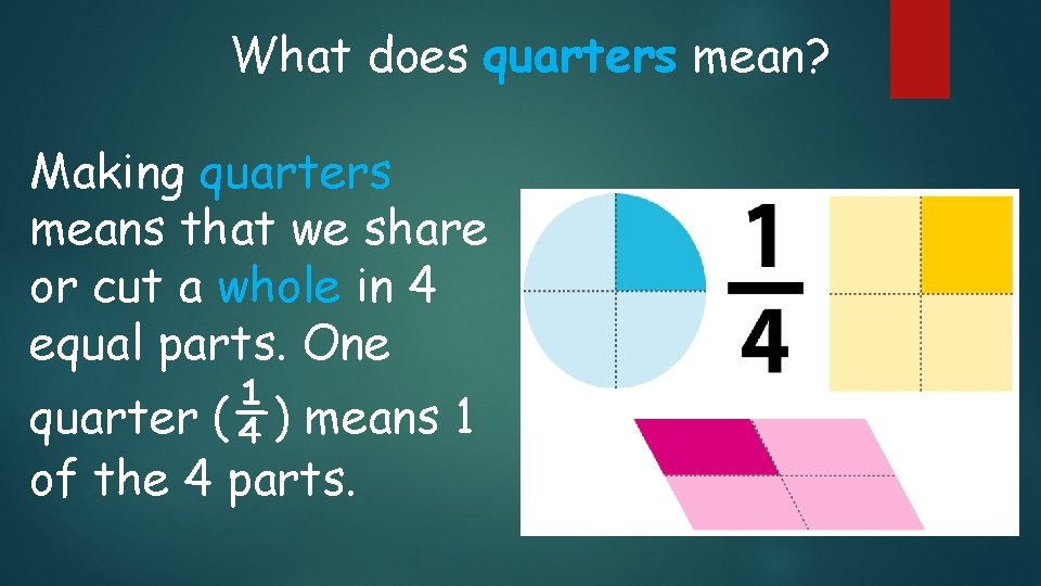 What does quarters mean? Making quarters means that we share or cut a whole What does quarters mean? Making quarters means that we share or cut a whole