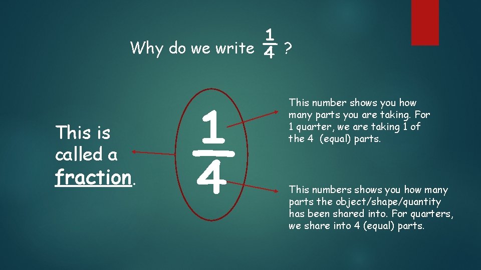 Why do we write This is called a fraction. ¼ ¼? This number shows Why do we write This is called a fraction. ¼ ¼? This number shows