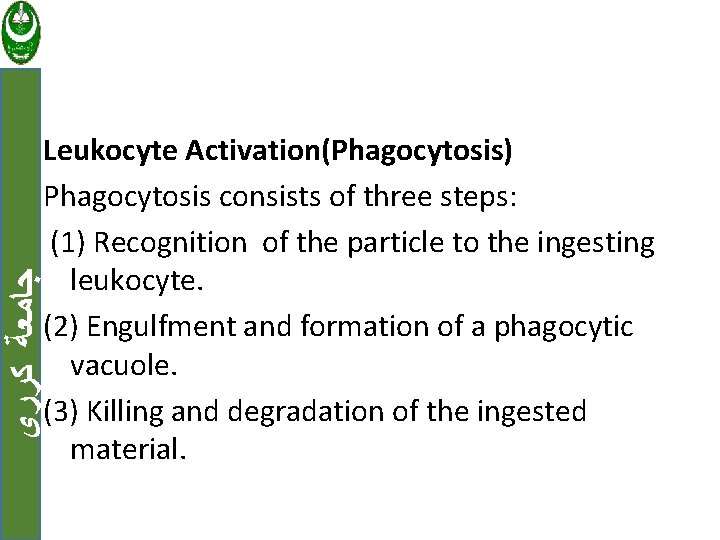  ﺟﺎﻣﻌﺔ ﻛﺮﺭﻱ Leukocyte Activation(Phagocytosis) Phagocytosis consists of three steps: (1) Recognition of the