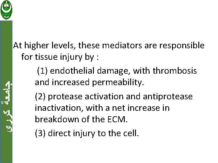  ﺟﺎﻣﻌﺔ ﻛﺮﺭﻱ At higher levels, these mediators are responsible for tissue injury by