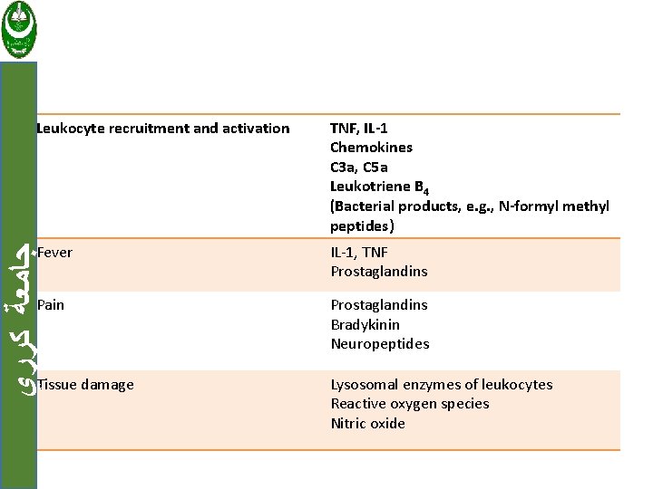 TNF, IL-1 Chemokines C 3 a, C 5 a Leukotriene B 4 (Bacterial products,