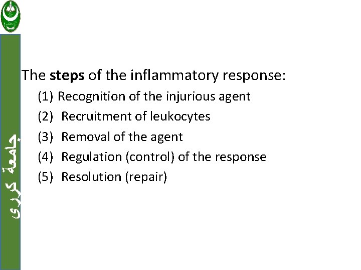  ﺟﺎﻣﻌﺔ ﻛﺮﺭﻱ The steps of the inflammatory response: (1) (2) (3) (4) (5)