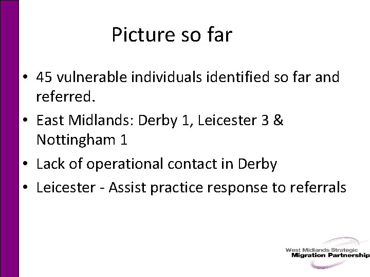 Picture so far • 45 vulnerable individuals identified so far and referred. • East
