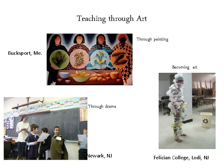 Teaching through Art Through painting Bucksport, Me. Becoming art Through drama Newark, NJ Felician