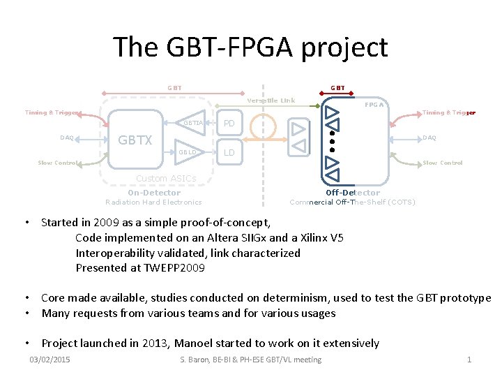 The GBT-FPGA project GBT Versatile Link FPGA Timing & Trigger GBTIA DAQ GBTX PD