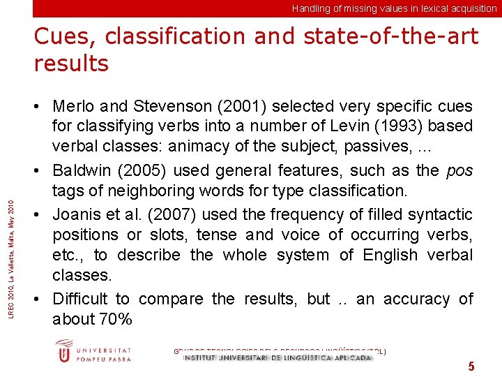 Handling of missing values in lexical acquisition LREC 2010, La Valletta, Malta, May 2010