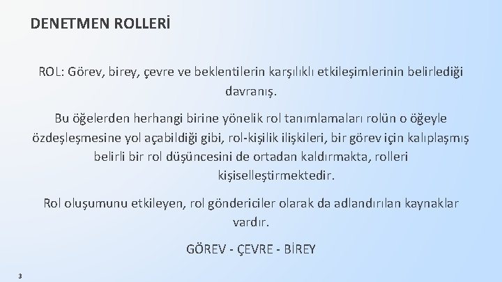 DENETMEN ROLLERİ ROL: Görev, birey, çevre ve beklentilerin karşılıklı etkileşimlerinin belirlediği davranış. Bu öğelerden