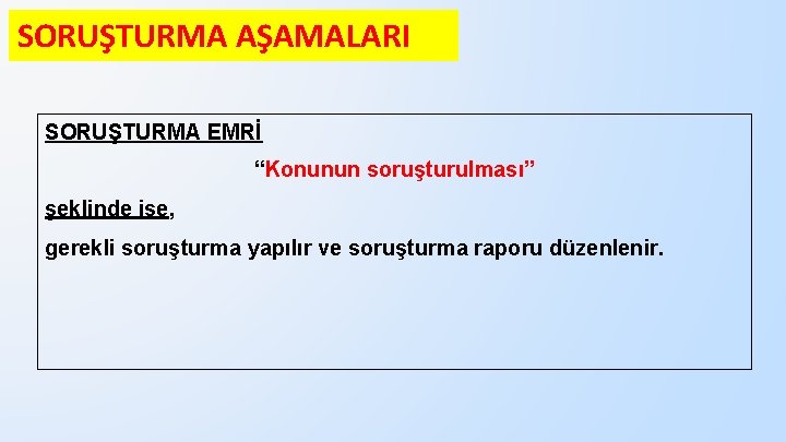 SORUŞTURMA AŞAMALARI SORUŞTURMA EMRİ “Konunun soruşturulması” şeklinde ise, gerekli soruşturma yapılır ve soruşturma raporu