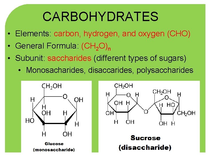 CARBOHYDRATES • Elements: carbon, hydrogen, and oxygen (CHO) • General Formula: (CH 2 O)n