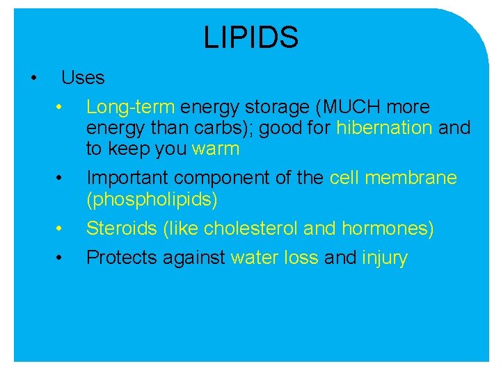LIPIDS • Uses • Long-term energy storage (MUCH more energy than carbs); good for