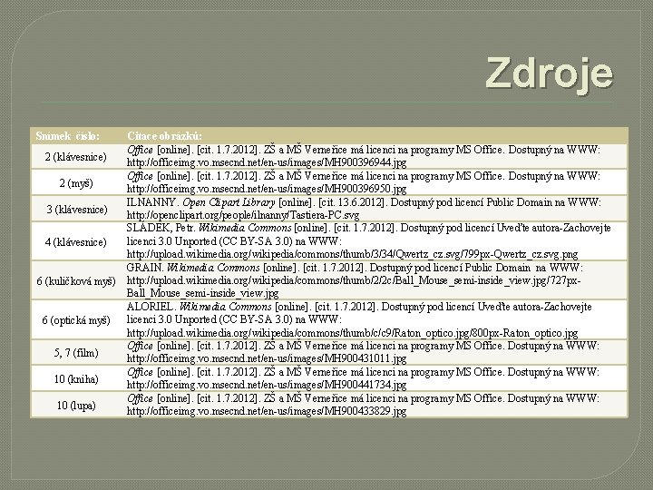 Zdroje Snímek číslo: 2 (klávesnice) 2 (myš) 3 (klávesnice) 4 (klávesnice) 6 (kuličková myš)