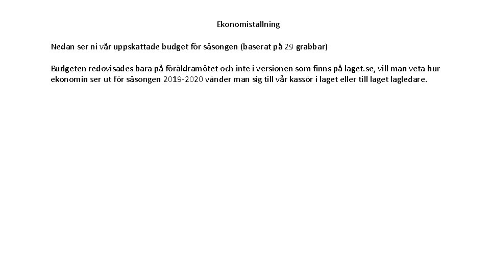 Ekonomiställning Nedan ser ni vår uppskattade budget för säsongen (baserat på 29 grabbar) Budgeten