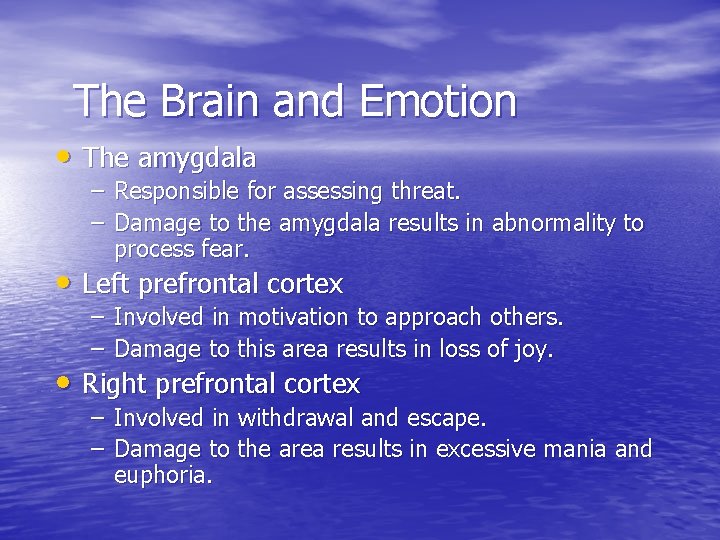 The Brain and Emotion • The amygdala – Responsible for assessing threat. – Damage