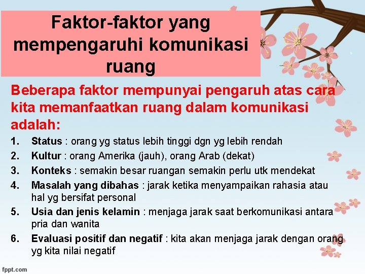 Faktor-faktor yang mempengaruhi komunikasi ruang Beberapa faktor mempunyai pengaruh atas cara kita memanfaatkan ruang