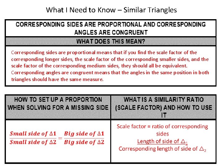 What I Need to Know – Similar Triangles Corresponding sides are proportional means that