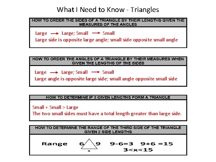 What I Need to Know - Triangles Large; Small Large side is opposite large