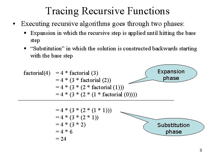 Tracing Recursive Functions • Executing recursive algorithms goes through two phases: § Expansion in