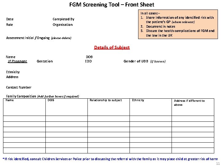 FGM Screening Tool – Front Sheet Date Role In all cases: – 1. Share