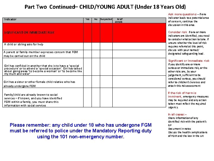 Part Two Continued– CHILD/YOUNG ADULT (Under 18 Years Old) Indicator Yes No Suspected Brief