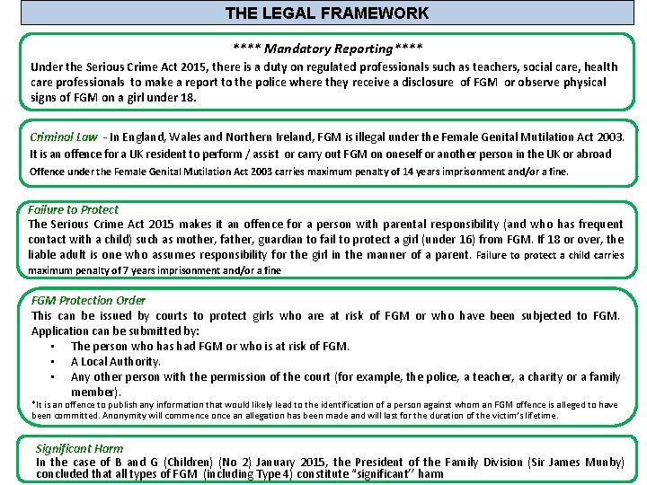 THE LEGAL FRAMEWORK **** Mandatory Reporting**** Under the Serious Crime Act 2015, there is