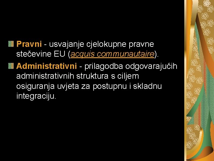 Pravni - usvajanje cjelokupne pravne stečevine EU (acquis communautaire). Administrativni - prilagodba odgovarajućih administrativnih