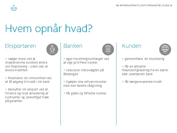 EN INTRODUKTION TIL EKF'S PRODUKTER / SLIDE 10 Hvem opnår hvad? Eksportøren Banken Kunden