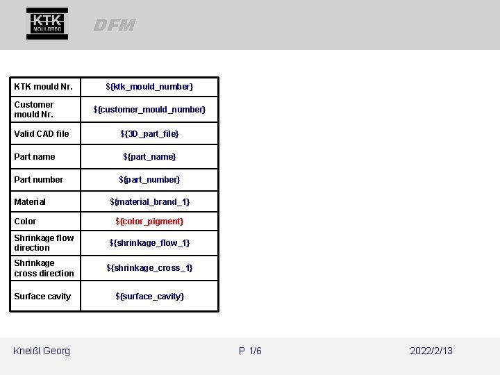 DFM KTK mould Nr. Customer mould Nr. Valid CAD file Part name Part number