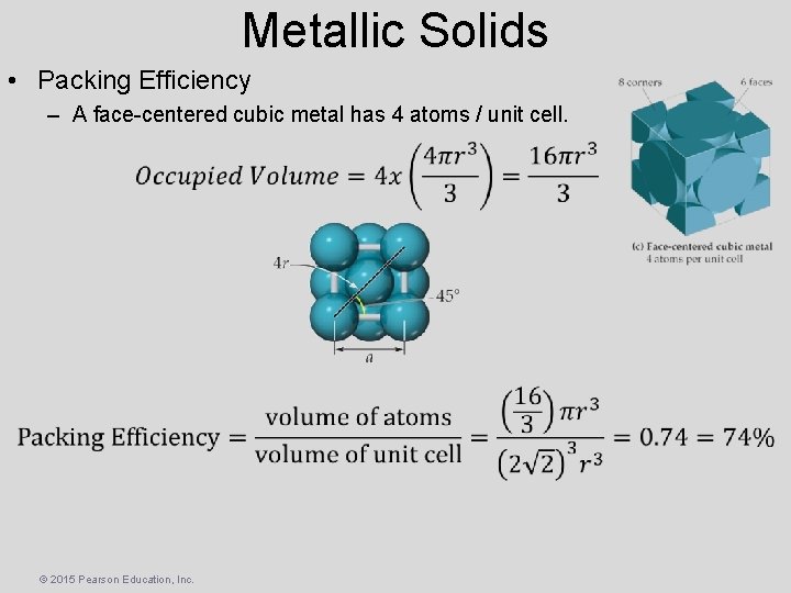 Metallic Solids • Packing Efficiency – A face-centered cubic metal has 4 atoms /
