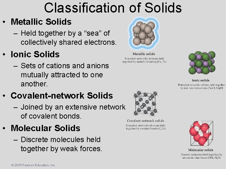 Classification of Solids • Metallic Solids – Held together by a “sea” of collectively