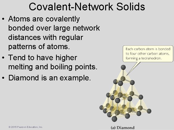 Covalent-Network Solids • Atoms are covalently bonded over large network distances with regular patterns