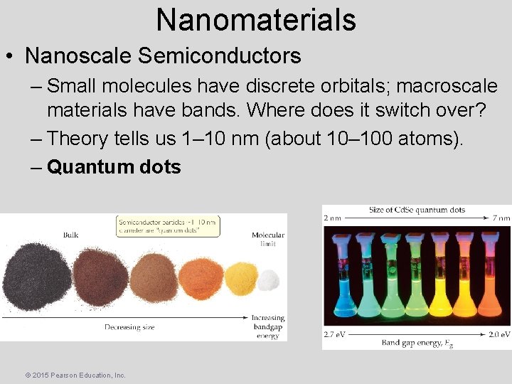 Nanomaterials • Nanoscale Semiconductors – Small molecules have discrete orbitals; macroscale materials have bands.