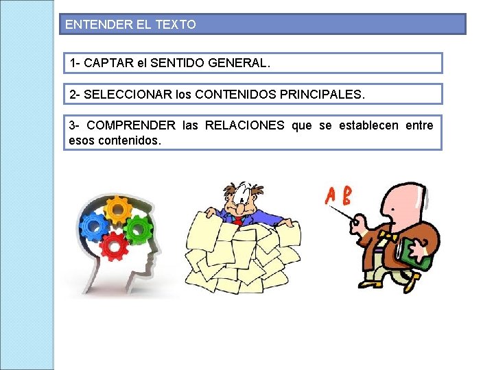 ENTENDER EL TEXTO 1 - CAPTAR el SENTIDO GENERAL. 2 - SELECCIONAR los CONTENIDOS