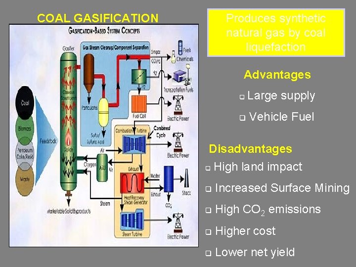 Produces synthetic natural gas by coal liquefaction COAL GASIFICATION Advantages q Large supply q