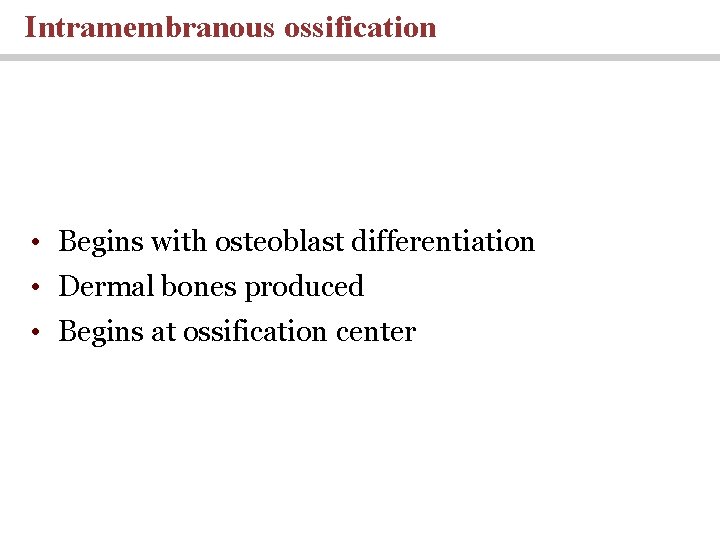 Intramembranous ossification • Begins with osteoblast differentiation • Dermal bones produced • Begins at