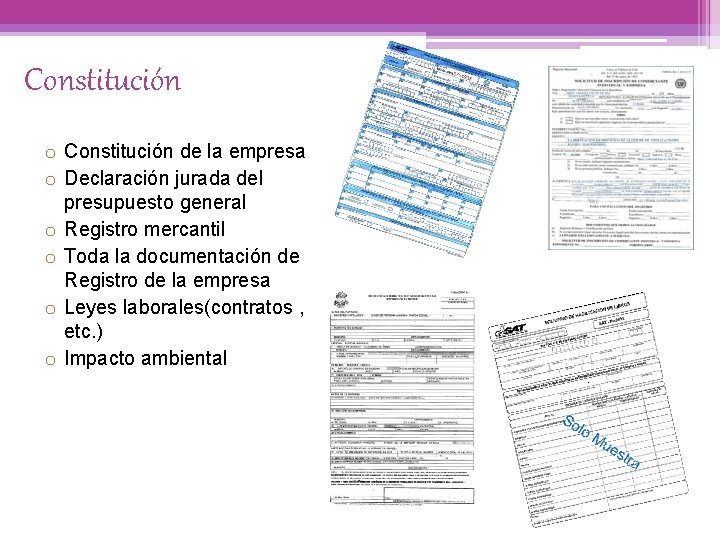 Constitución o Constitución de la empresa o Declaración jurada del presupuesto general o Registro