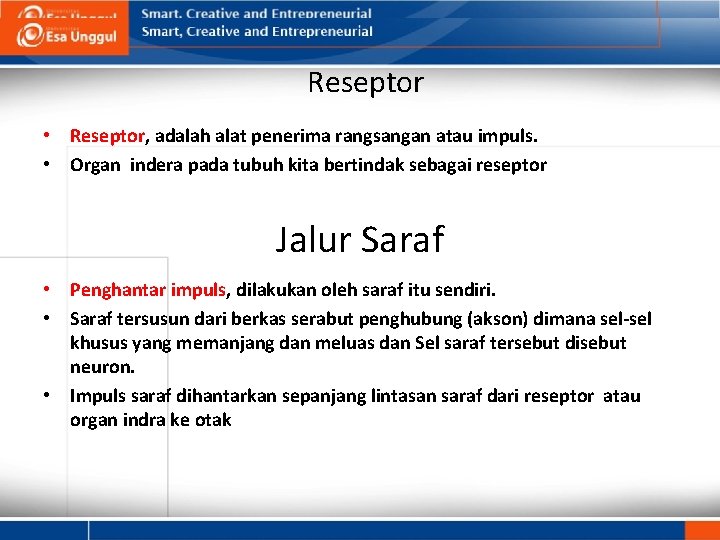 Reseptor • Reseptor, adalah alat penerima rangsangan atau impuls. • Organ indera pada tubuh